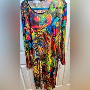 Multicolor Swirl Long Sleeve Mesh Overlay Dress with front slits on each side